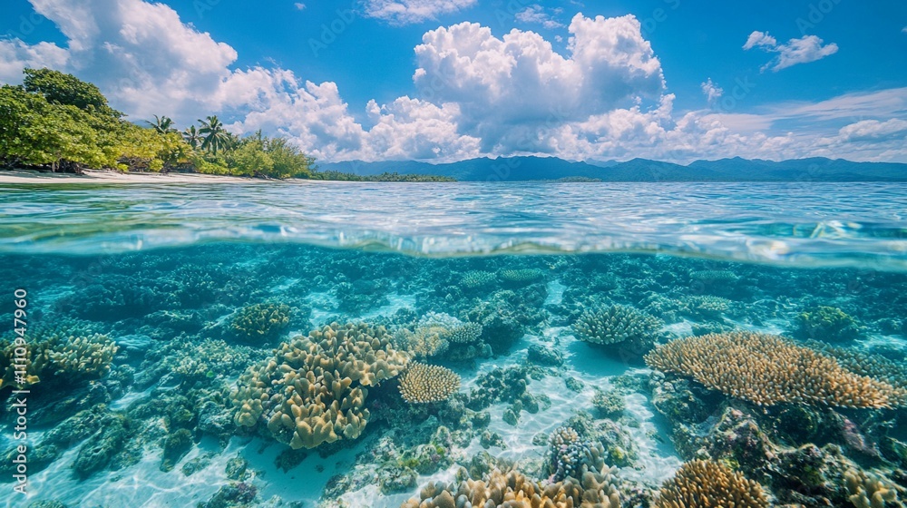 Obraz premium A beautiful ocean landscape with clean, unpolluted water and flourishing marine life, emphasizing the importance of protecting aquatic ecosystems for future generations