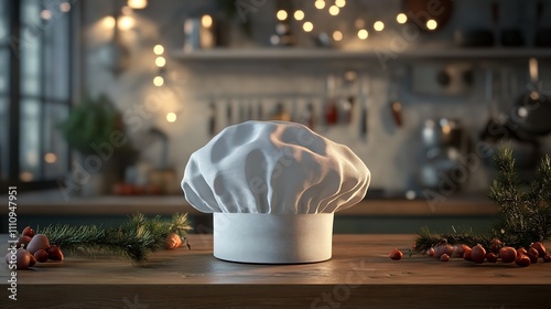 White Chef Hat on a Wooden Table and Decoration

 photo