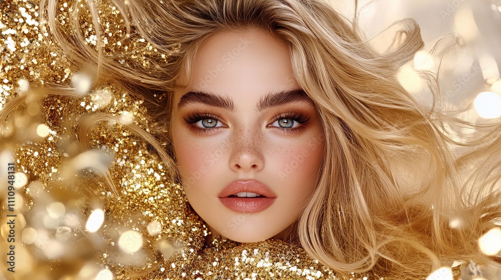 Glamorous young woman with golden curls surrounded by shimmering golden glitter.