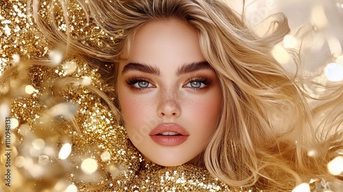 Glamorous young woman with golden curls surrounded by shimmering golden glitter.