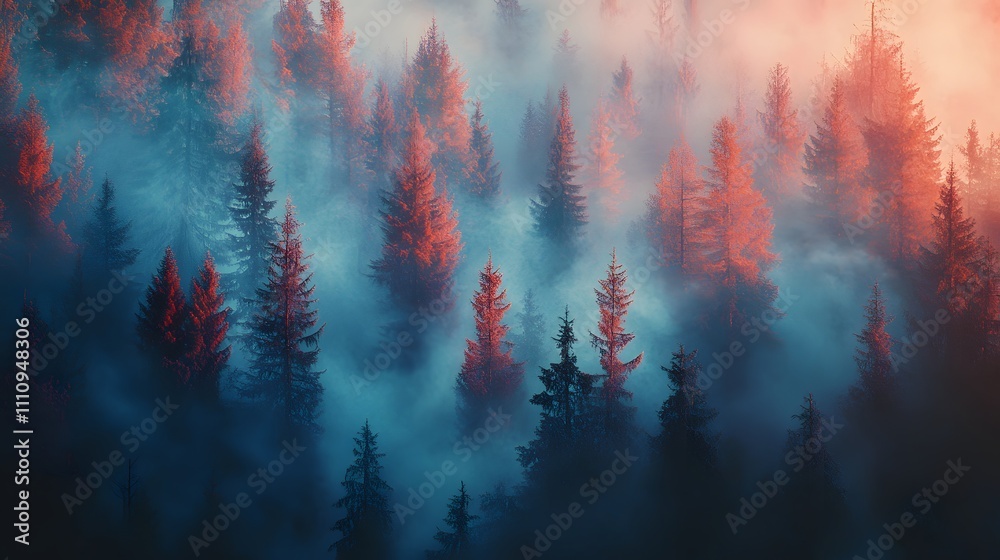 Enchanted sunrise paints the misty forest in hues of orange and blue, creating a serene and magical atmosphere. Enchanted sunrise paints the misty forest in hues of orange and blue, creating a serene and magical atmosphere.