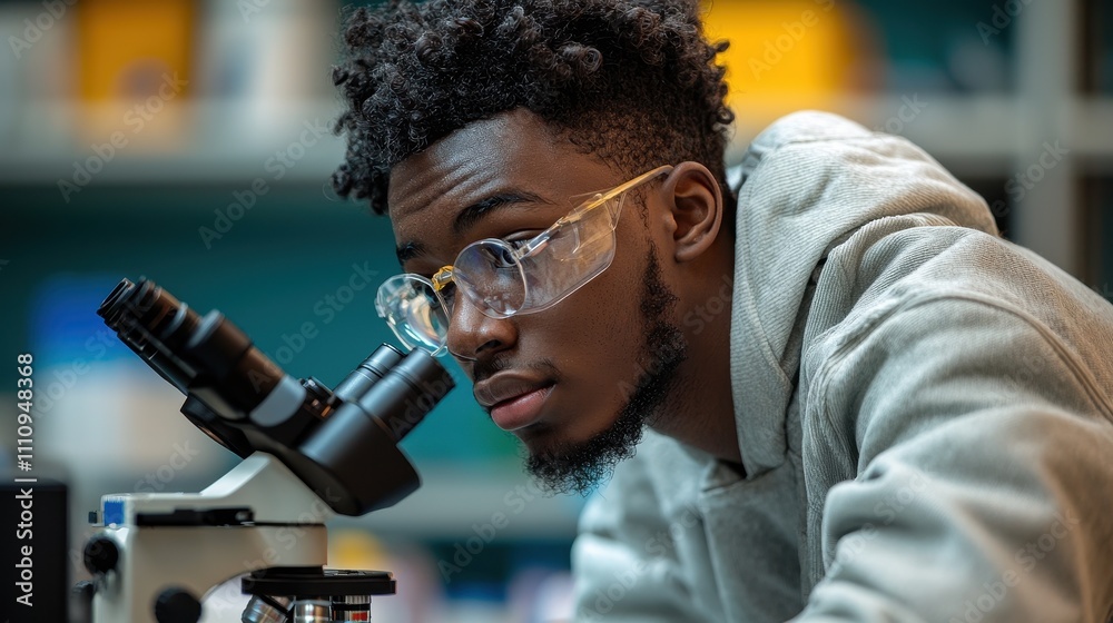 A college student researching in a state-of-the-art laboratory, using a microscope and recording observations. The cutting-edge environment emphasizes discovery and academic excellence A college student researching in a state-of-the-art laboratory, using a microscope and recording observations. The cutting-edge environment emphasizes discovery and academic excellence