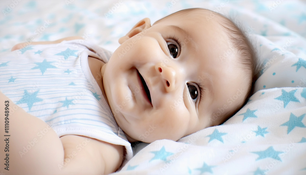A portrait of a baby lying on a soft white blanket with light blue star patterns. The baby has wide A portrait of a baby lying on a soft white blanket with light blue star patterns. The baby has wide