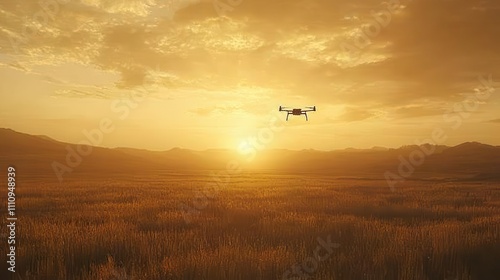 A drone fleet buzzing over a vast agricultural field, monitoring crop health with precision. The golden sunset casts a warm glow over the futuristic farming operation, blending innovation with 