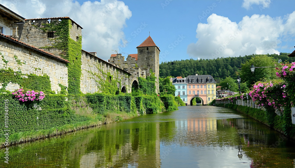 Fototapeta premium A picturesque, realistic photo of a historic European castle with ivy-covered stone walls, archways