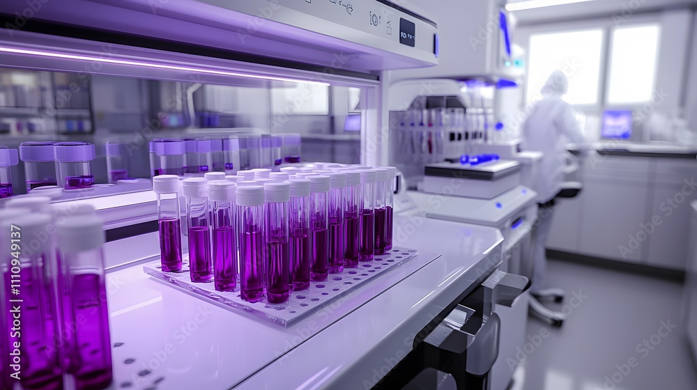 Purple vials in a modern lab; advanced scientific research in progress. A scientist works in the background. Purple vials in a modern lab; advanced scientific research in progress. A scientist works in the background.