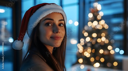 Smiling woman in Santa hat, Christmas tree bokeh background. Festive holiday cheer! photo