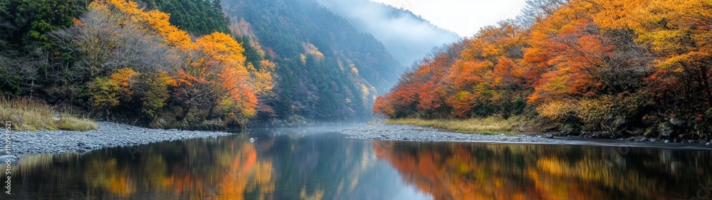 Autumn Serenity, a peaceful river mirrors vibrant foliage, golden and crimson leaves frame the water, embodying the essence of seasonal beauty and tranquility. Autumn Serenity, a peaceful river mirrors vibrant foliage, golden and crimson leaves frame the water, embodying the essence of seasonal beauty and tranquility.
