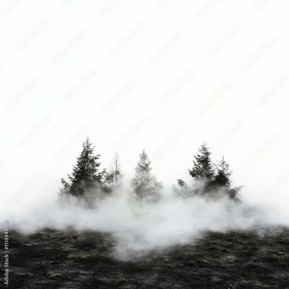 A foggy forest with three trees in the foreground A foggy forest with three trees in the foreground