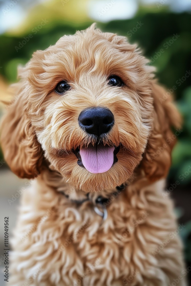Happy fluffy dog with curly fur sitting outdoors in a sunny garden setting showcasing its joyful expression and playful demeanor Happy fluffy dog with curly fur sitting outdoors in a sunny garden setting showcasing its joyful expression and playful demeanor