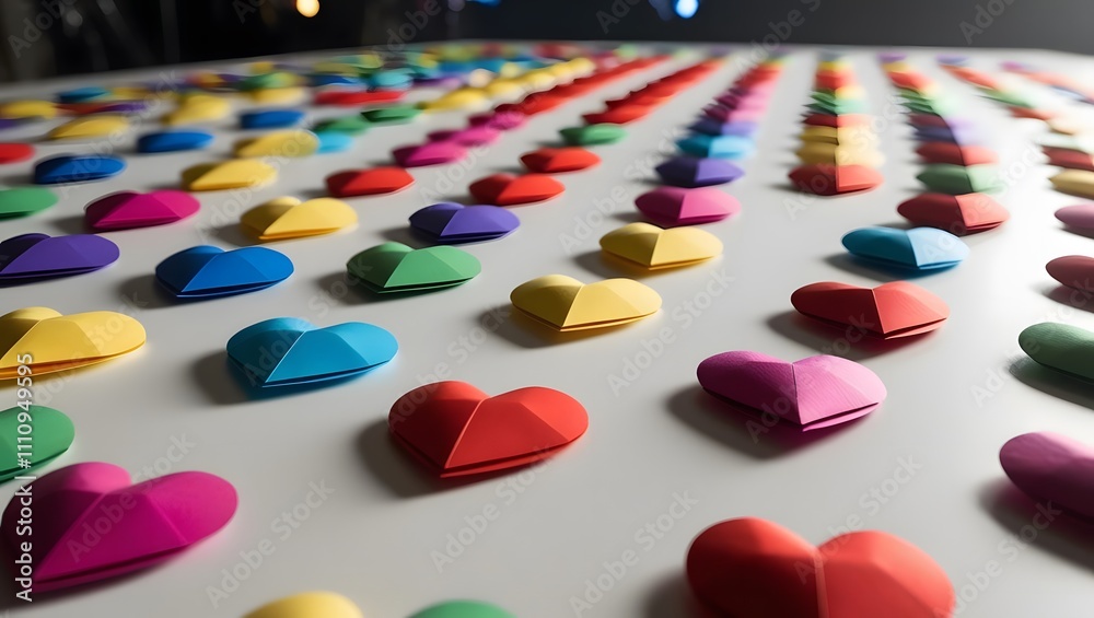 Pride Month: A vibrant array of rainbow-hued paper hearts, symbolizing love, diversity, and unity. Pride Month: A vibrant array of rainbow-hued paper hearts, symbolizing love, diversity, and unity.