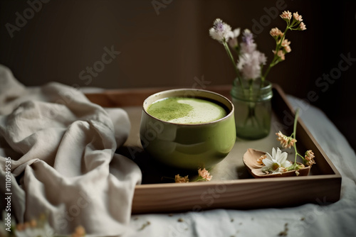 Matcha latte with edible flowers in ceramic mug on wooden tray photo