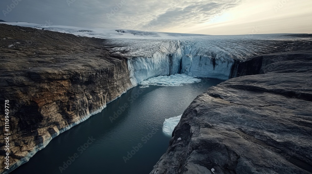 Glacial retreat reveals stunning blue icebergs and calm water in a remote arctic landscape during golden hour at dusk Glacial retreat reveals stunning blue icebergs and calm water in a remote arctic landscape during golden hour at dusk