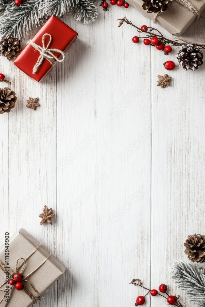 Various gift boxes wrapped in brown paper and string, surrounded by pinecones and red berries, sit on a white wooden surface, evoking rustic holiday charm. Various gift boxes wrapped in brown paper and string, surrounded by pinecones and red berries, sit on a white wooden surface, evoking rustic holiday charm.