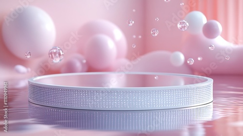 Circular white podium with a mirrored surface, surrounded by abstract floating shapes in a soft pastel background.