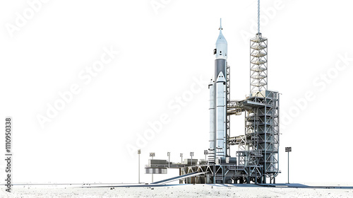 Fototapeta Naklejka Na Ścianę i Meble -  Rocket ready for launch on a modern space launch pad with towering structures, isolated on white 