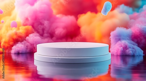 Circular white podium with a glossy finish, placed on a reflective floor with colorful abstract shapes floating around.