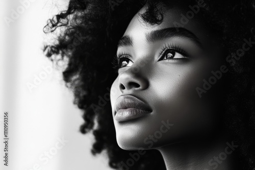 A striking monochrome portrait capturing a young woman's pensive expression, highlighting her natural beauty and emphasizing the depth in her gaze.