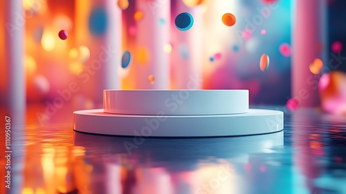 Circular white podium with a glossy finish, placed on a reflective floor with colorful abstract shapes floating around.