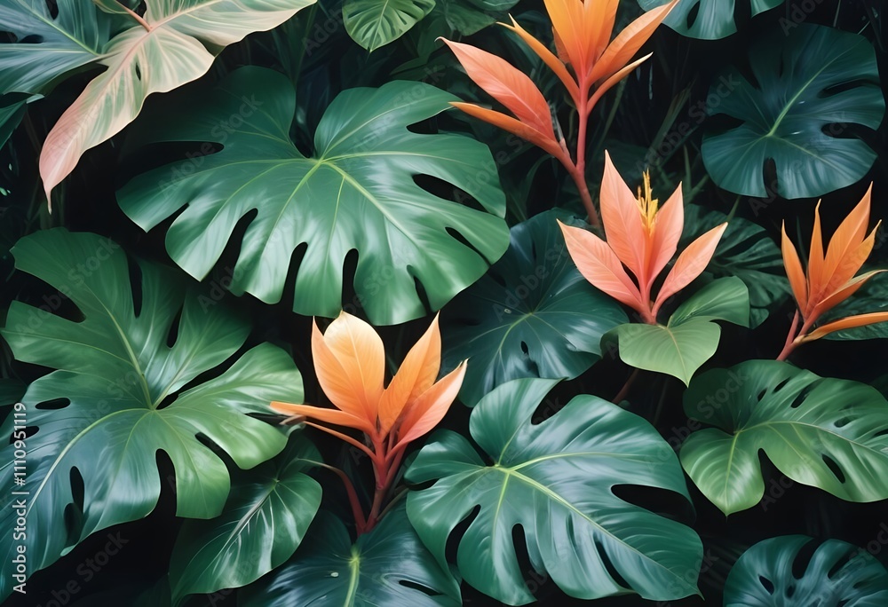 Tropical exotic pattern with animal and flowers in bright colors and lush vegetationn Tropical exotic pattern with animal and flowers in bright colors and lush vegetationn