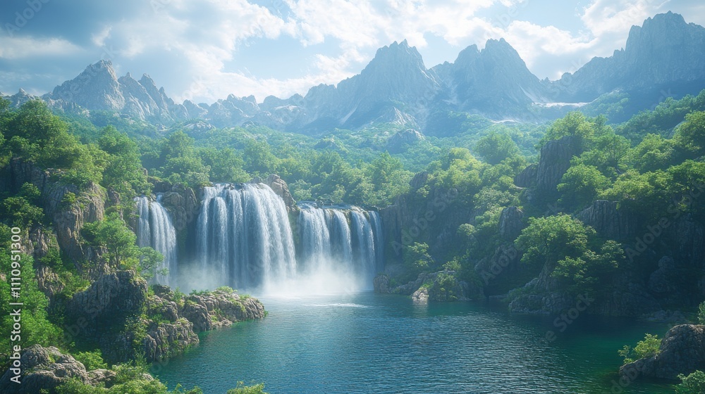 Fototapeta premium Awe-Inspiring Mountain Waterfall Cascading Through Lush Green Forest, A Breathtaking Natural Wonder