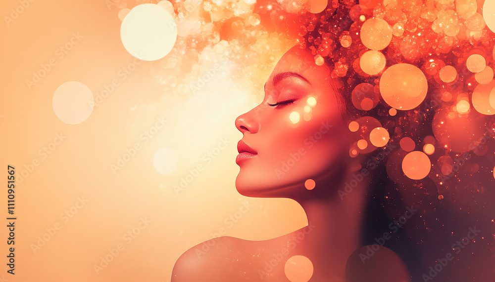 Portrait of a woman surrounded by glowing orbs in a surreal style Portrait of a woman surrounded by glowing orbs in a surreal style