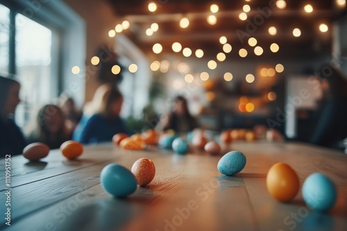 Assorted colored eggs scattered on a long wooden table during a social gathering, with soft, warm lighting creating an inviting and festive atmosphere. photo