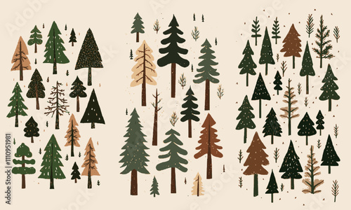 Different types of trees in a winter forest, texture of a forest, vector isolated on beige background, cartoon style, illustration style