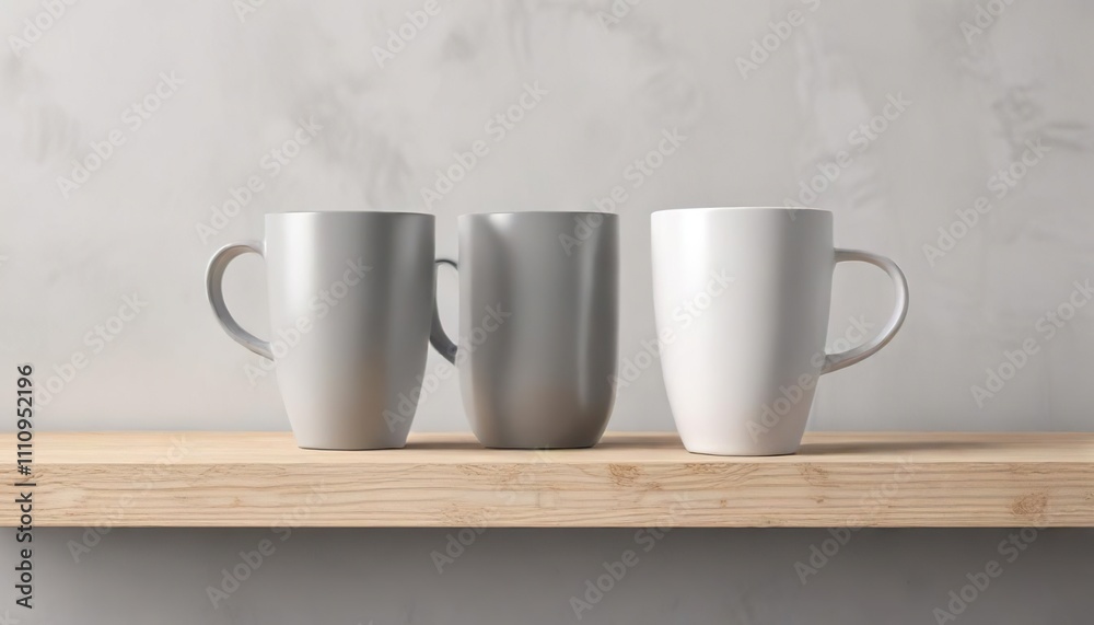 Fototapeta premium Monochromatic cup on wooden shelf against plain white background, tableware, elegant tones