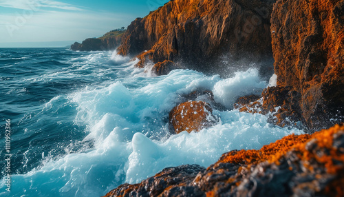 A rugged coastal scene featuring jagged, rocky cliffs extending into the ocean. The waves crash agai