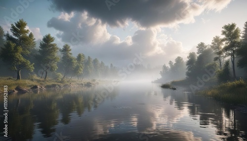 Morning fog over a quiet river with dense clouds, dawn, clouds, river