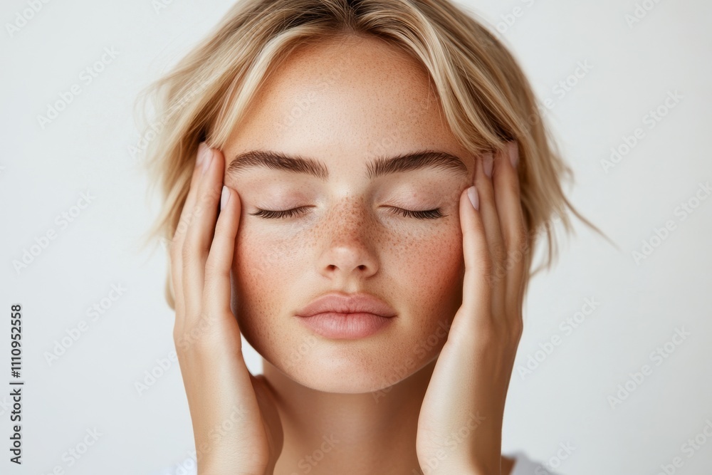 A serene woman with short hair and freckles gently holds her face with both hands, showcasing tranquility and relaxation in a minimalist setting. A serene woman with short hair and freckles gently holds her face with both hands, showcasing tranquility and relaxation in a minimalist setting.