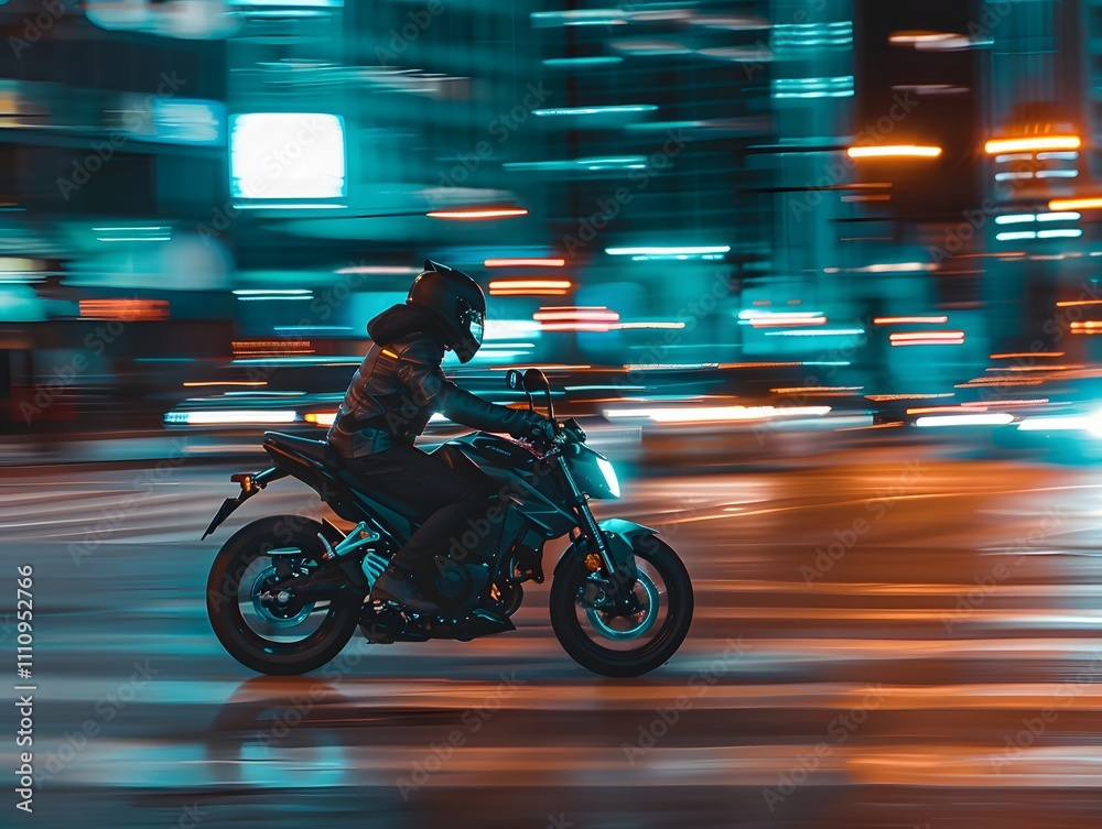 Dynamic Night Ride: Motion Blur of a Motorcycle Rider in a Vibrant Cityscape Captured at High Speed with Neon Lights and Urban Energy Dynamic Night Ride: Motion Blur of a Motorcycle Rider in a Vibrant Cityscape Captured at High Speed with Neon Lights and Urban Energy
