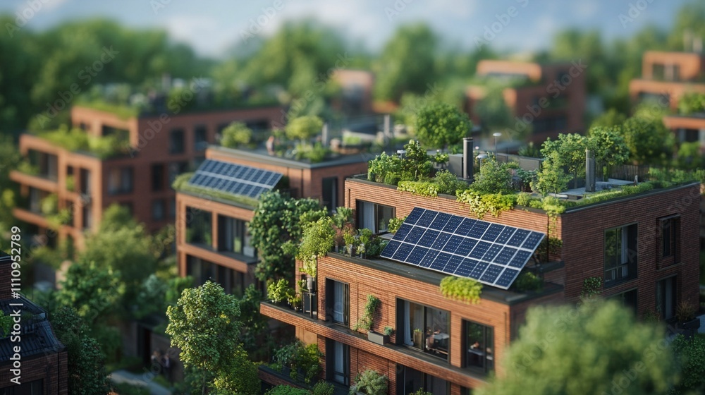 A city skyline with solar panels installed on rooftops and green spaces around buildings, highlighting urban sustainability and renewable energy in modern cities A city skyline with solar panels installed on rooftops and green spaces around buildings, highlighting urban sustainability and renewable energy in modern cities