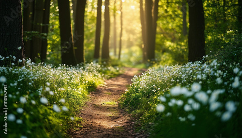 A scenic forest path winding through a lush green landscape filled with blooming wildflowers. The na
