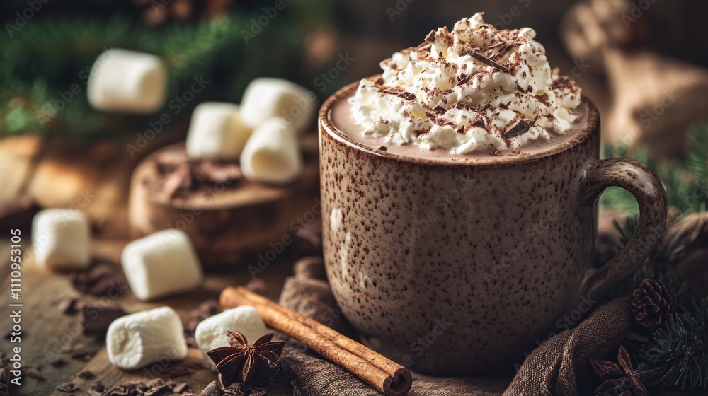 Photo of, A cozy cup of frothy hot chocolate topped with whipped cream and chocolate shavings, Hot chocolate served in a ceramic mug Photo of, A cozy cup of frothy hot chocolate topped with whipped cream and chocolate shavings, Hot chocolate served in a ceramic mug