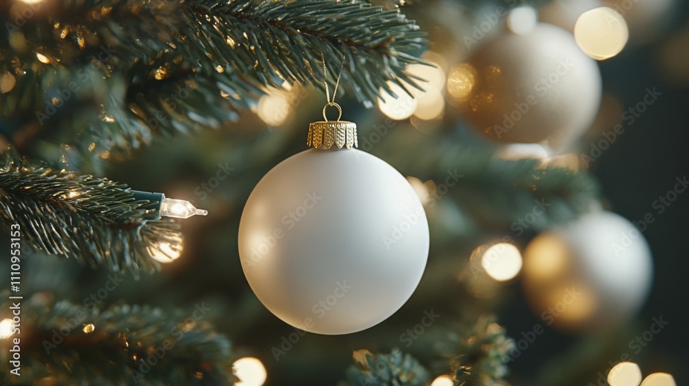 A Single White Ornament Hanging on a Christmas Tree Branch A Single White Ornament Hanging on a Christmas Tree Branch