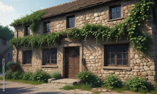 Old stone farm building with vines growing on the facade, growing vines, rustic charm, Burgundy countryside