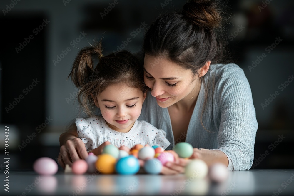 Naklejka premium A tender moment between a mother and daughter as they carefully paint and decorate a collection of colorful Easter eggs, signifying family togetherness and creativity.