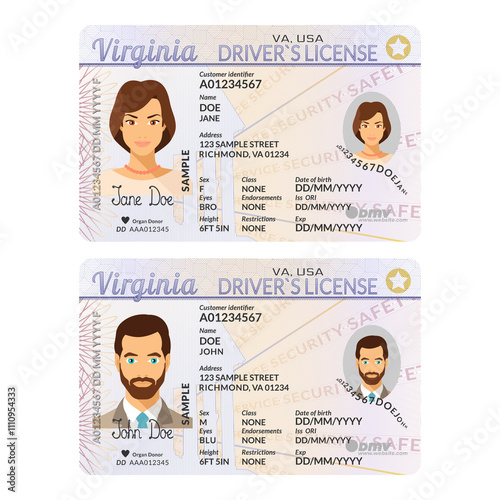 Template of skit driver license plastic card for USA Virginia