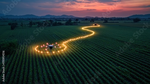 A smart farm with automated irrigation systems and glowing drone paths illuminating the fields at dusk. The harmonious integration of technology and agriculture emphasizes efficiency and sustainabilit photo