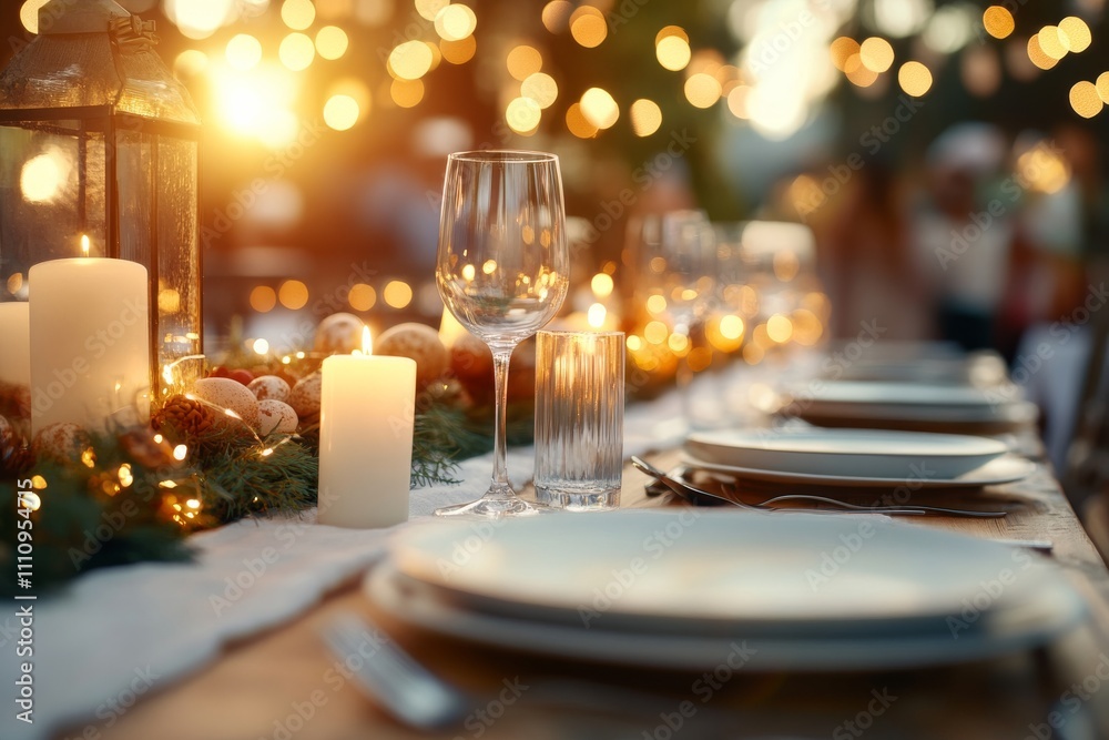 A beautifully arranged dinner table, complete with candles and twinkling fairy lights, sets a romantic and festive mood for a special gathering or celebration. A beautifully arranged dinner table, complete with candles and twinkling fairy lights, sets a romantic and festive mood for a special gathering or celebration.