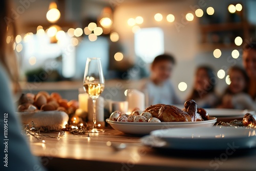 A beautifully set dining table adorned with Easter eggs and a roast dinner, glowing warmly under ambient lights, suggesting a joyful family gathering. photo