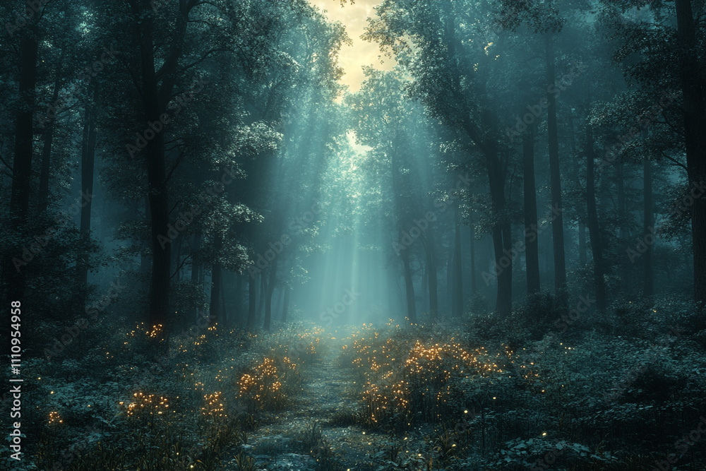 Fototapeta premium Mystical Forest Path Illuminated By Glowing Fireflies