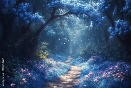 Enchanting Blue Forest Path With Floating Lights