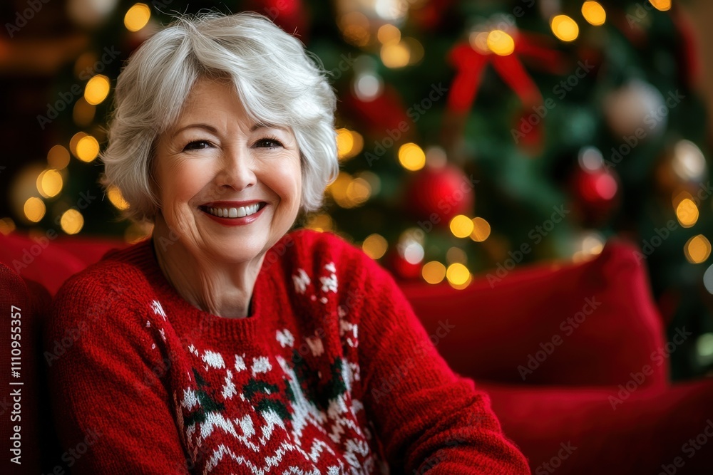 Smiling woman in a cozy red sweater sits by a Christmas tree adorned with lights and ornaments, exuding warmth and joy during the holiday season Smiling woman in a cozy red sweater sits by a Christmas tree adorned with lights and ornaments, exuding warmth and joy during the holiday season