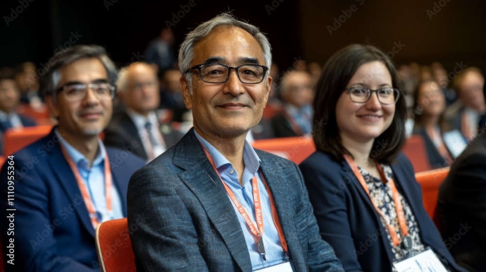 Man and Woman in Suits and Lanyards Sit in an Audience Man and Woman in Suits and Lanyards Sit in an Audience