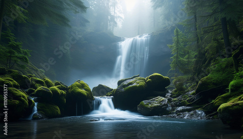 A serene waterfall cascading down rocky terrain, surrounded by lush evergreen trees in a misty fores