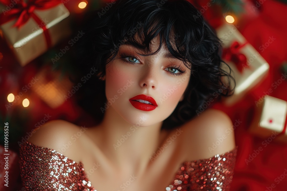 Beautiful young woman with short black hair poses with festive decorations and wrapped presents in a cozy holiday setting during the evening time