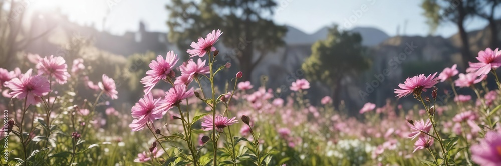 Pink flowers swaying gently in the breeze on a sunny day , fresh, flowers, landscape Pink flowers swaying gently in the breeze on a sunny day , fresh, flowers, landscape